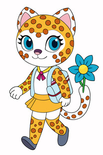 豹纹猫咪女孩手持蓝花