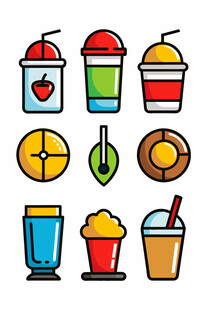 多彩饮品与甜点图标集合