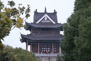 中式古建楼阁隐于绿树间