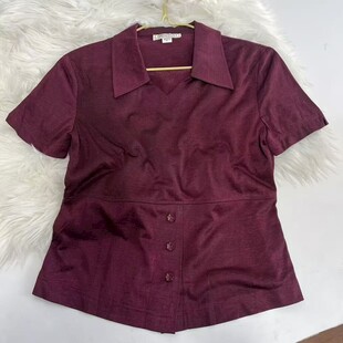 酒红色短袖翻领女士衬衫