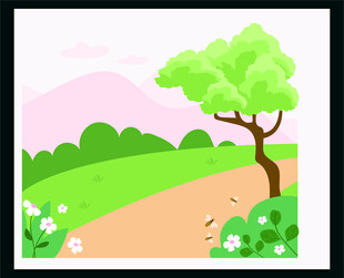 田园小路旁的绿树与花草