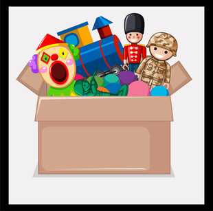 装满多彩玩具的纸箱