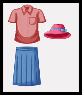 粉色上衣蓝裙与粉色帽子