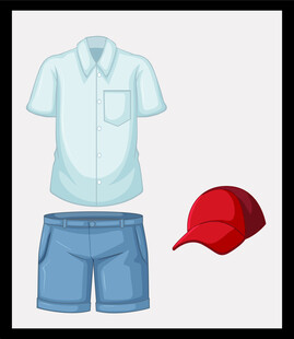 浅蓝色短袖套装与红帽