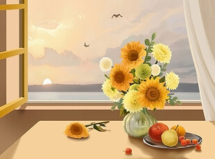 窗边花卉与水果的惬意景致