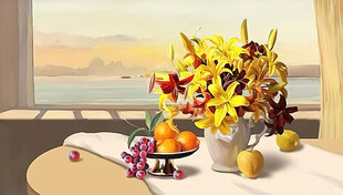 桌上花卉水果静物画