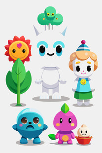 可爱卡通角色与奇幻植物