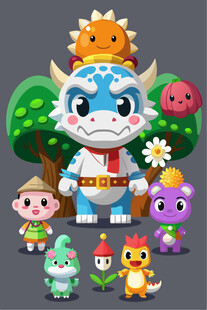 可爱卡通动物与小精灵聚会