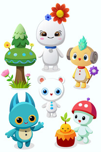 可爱卡通动物与自然元素