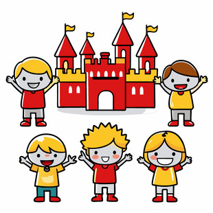 儿童在城堡前欢乐起舞