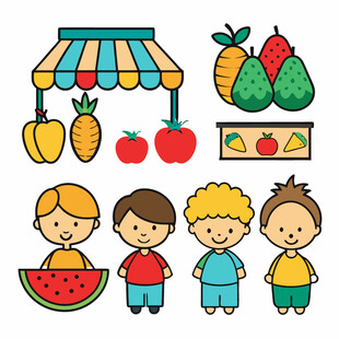 儿童与水果摊的欢乐场景