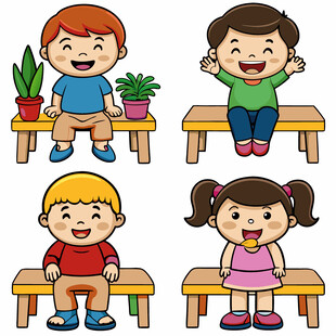可爱儿童坐在桌前表情各异
