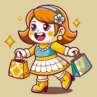 快乐购物的卡通时尚女孩