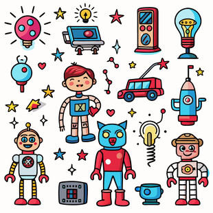 多彩卡通机器人与科技元素