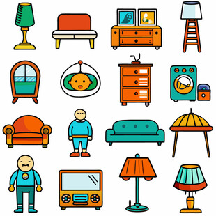 多样家居物品与人物图案