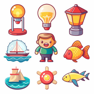卡通风格航海与灯具元素