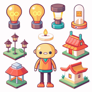 卡通风格的多样物品与角色