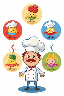 厨师与可爱卡通食物形象