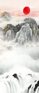 红日映山川瀑布壮景