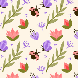 花卉瓢虫图案的可爱插画