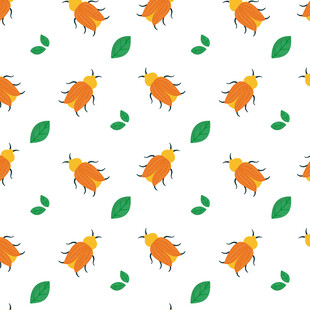 橙色昆虫绿叶无缝图案