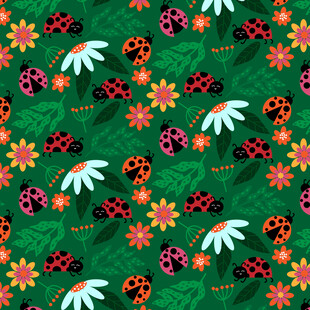 绿色背景上的瓢虫与花朵图案
