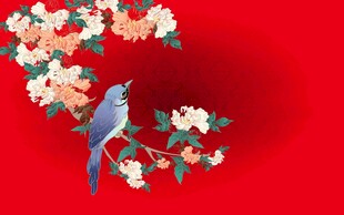红底花鸟图雅致中式风情
