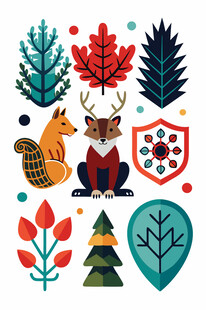 森林动物与植物装饰图案