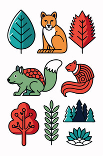 森林动物与植物插画