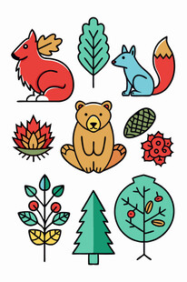 森林动物与植物可爱插画