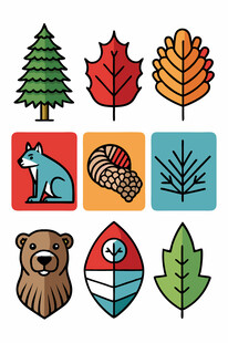 森林动物与自然元素图标集