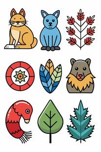 森林动物与植物图标集合