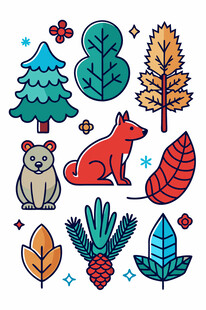 森林动物与植物元素插画