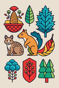 森林动物与植物元素插画