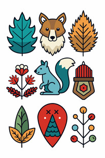 秋季动物与植物元素插画