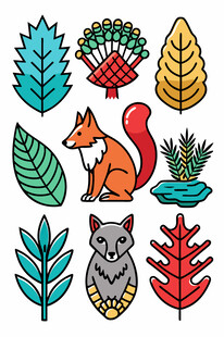 森林动物与多彩树叶图案