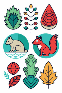 秋季森林动物与植物插画