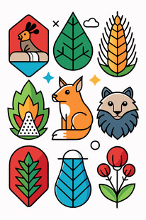 森林动物与植物图标集