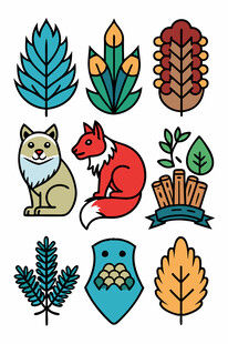 森林动物与植物元素插画