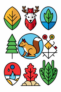 森林动物与植物图标集