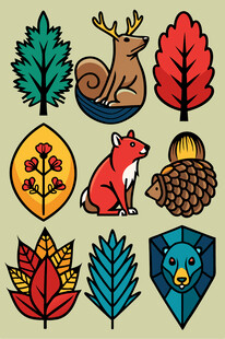 森林动物与植物图标集