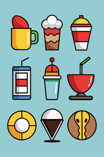 多彩饮品与小吃图标集合
