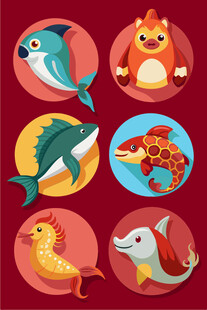 可爱海洋与陆地动物集合