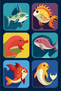 多彩卡通鱼类图标集合