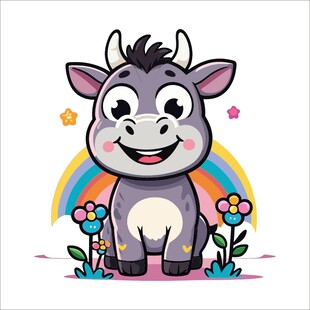 可爱小牛置身彩虹花丛中