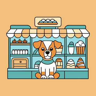 可爱小狗在甜品店前