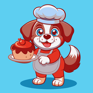 可爱小狗化身厨师端蛋糕