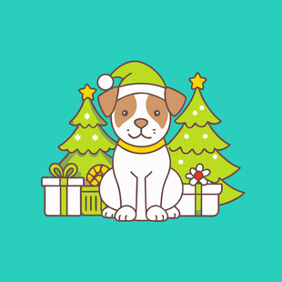 圣诞小狗与礼物和圣诞树