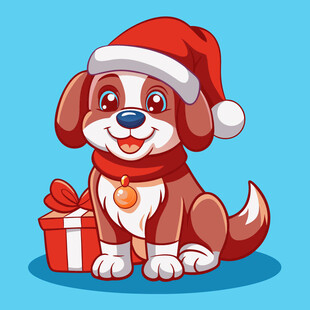 戴圣诞帽小狗与礼物