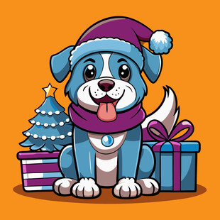 圣诞小狗与礼物和圣诞树